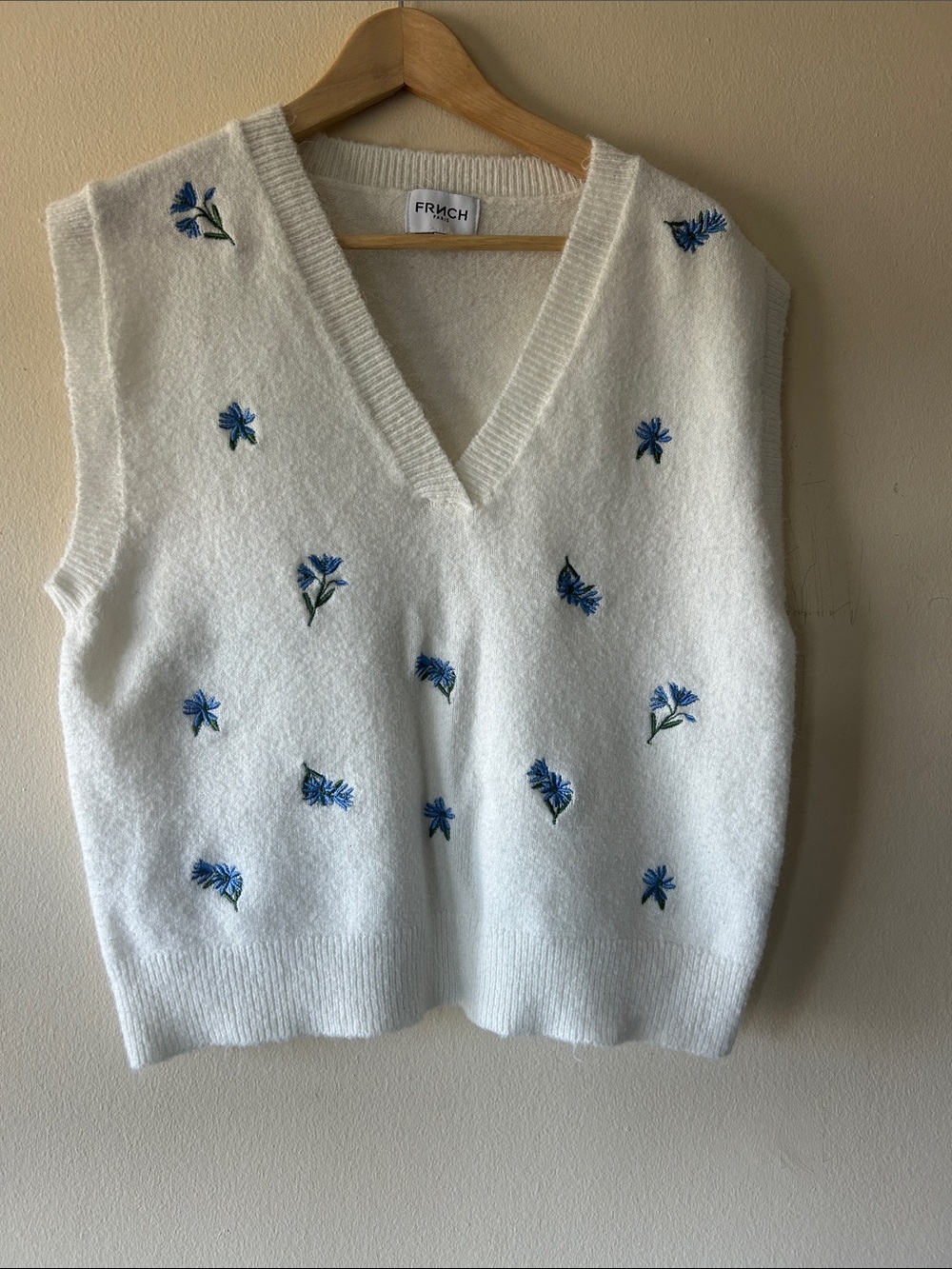 FRNCH Cream V-Neck Sweater Vest with Blue Floral Embroidery